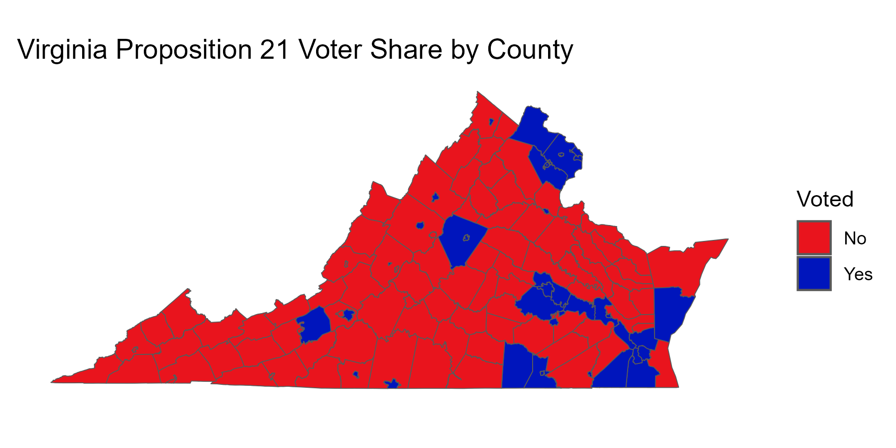 A map of counties in Virginia colored by whether or not the county voted majority in favor of prop 21. Most counties vote majority no.